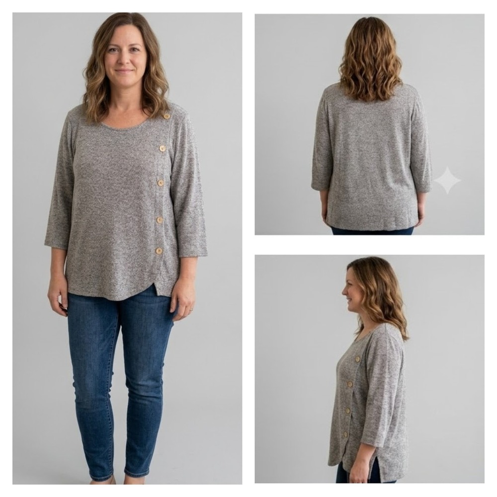 NWT Adrienne Vittadini Sweater Womens 2X Heather Gray Stretch Button Detail